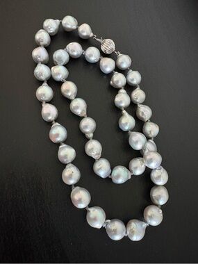Baroque Silver-Blue Pearl Necklace With 14k White Gold Clasp